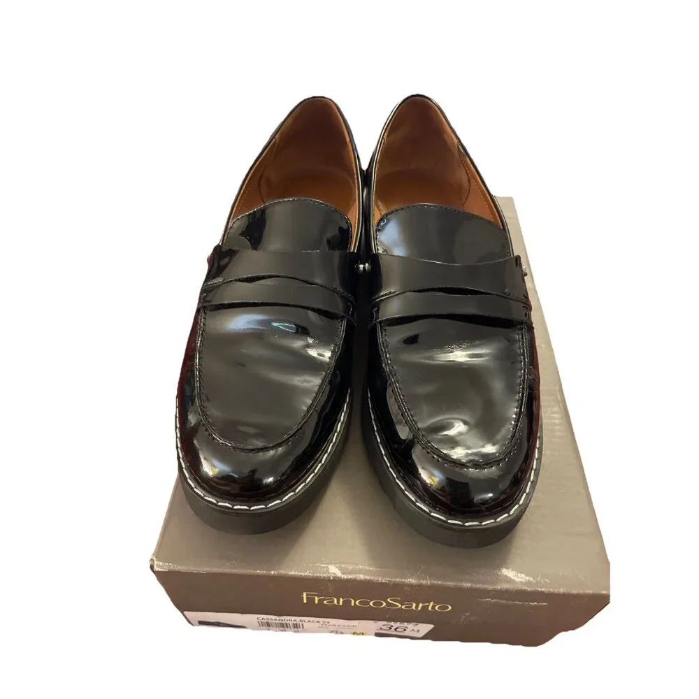 FRANCO SARTO Cassandra Women 7.5M Black Patent Faux Leather‎ Y2K Loafer Gorecore